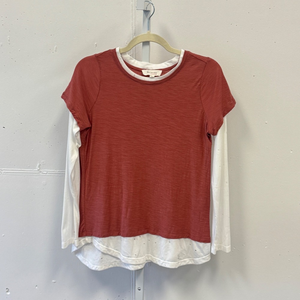Two by Vince Camuto Layered Look Top Small Terracotta Orange White Distressed S